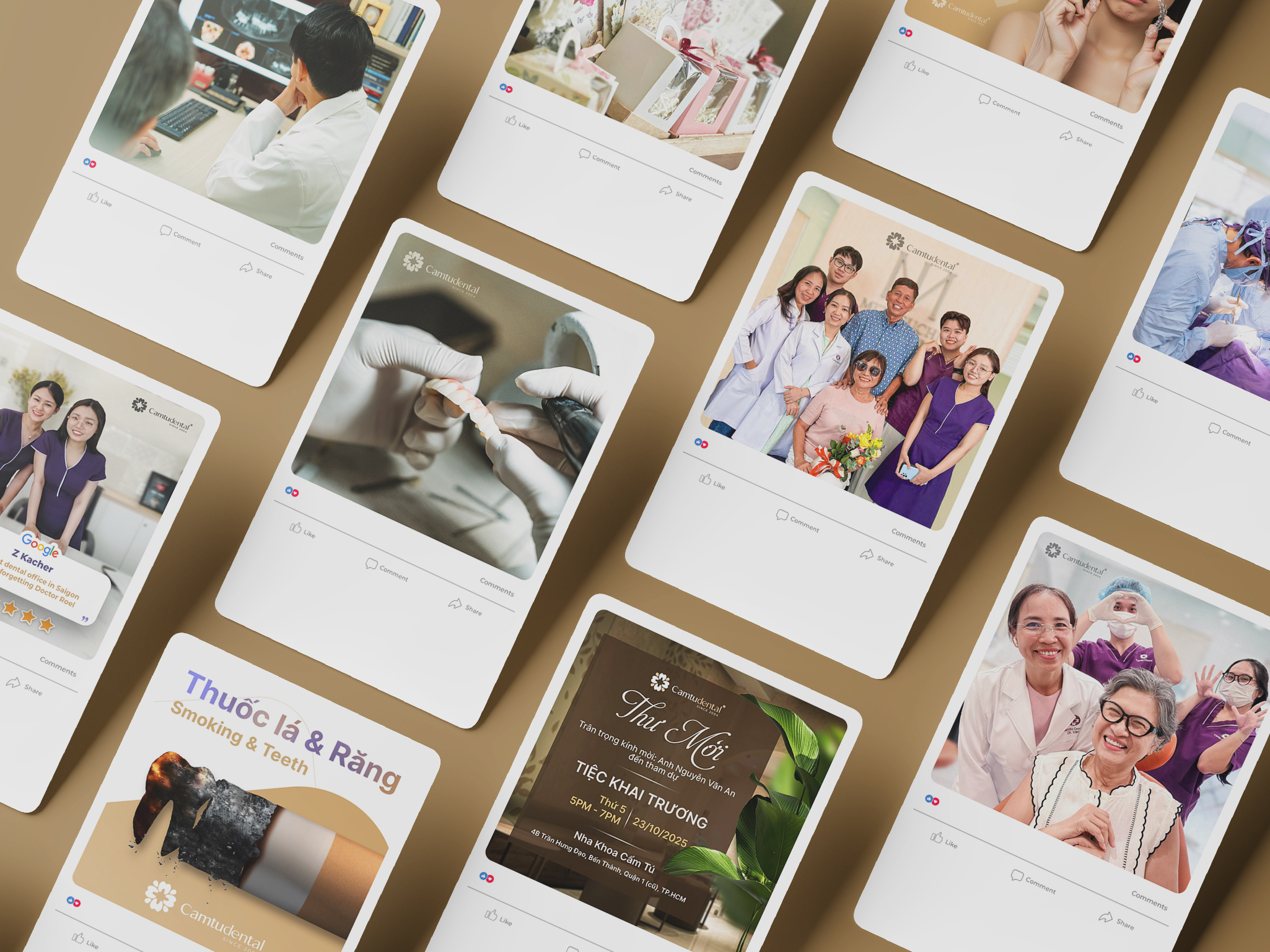 Dental clinic Facebook post designs in warm earthy tones