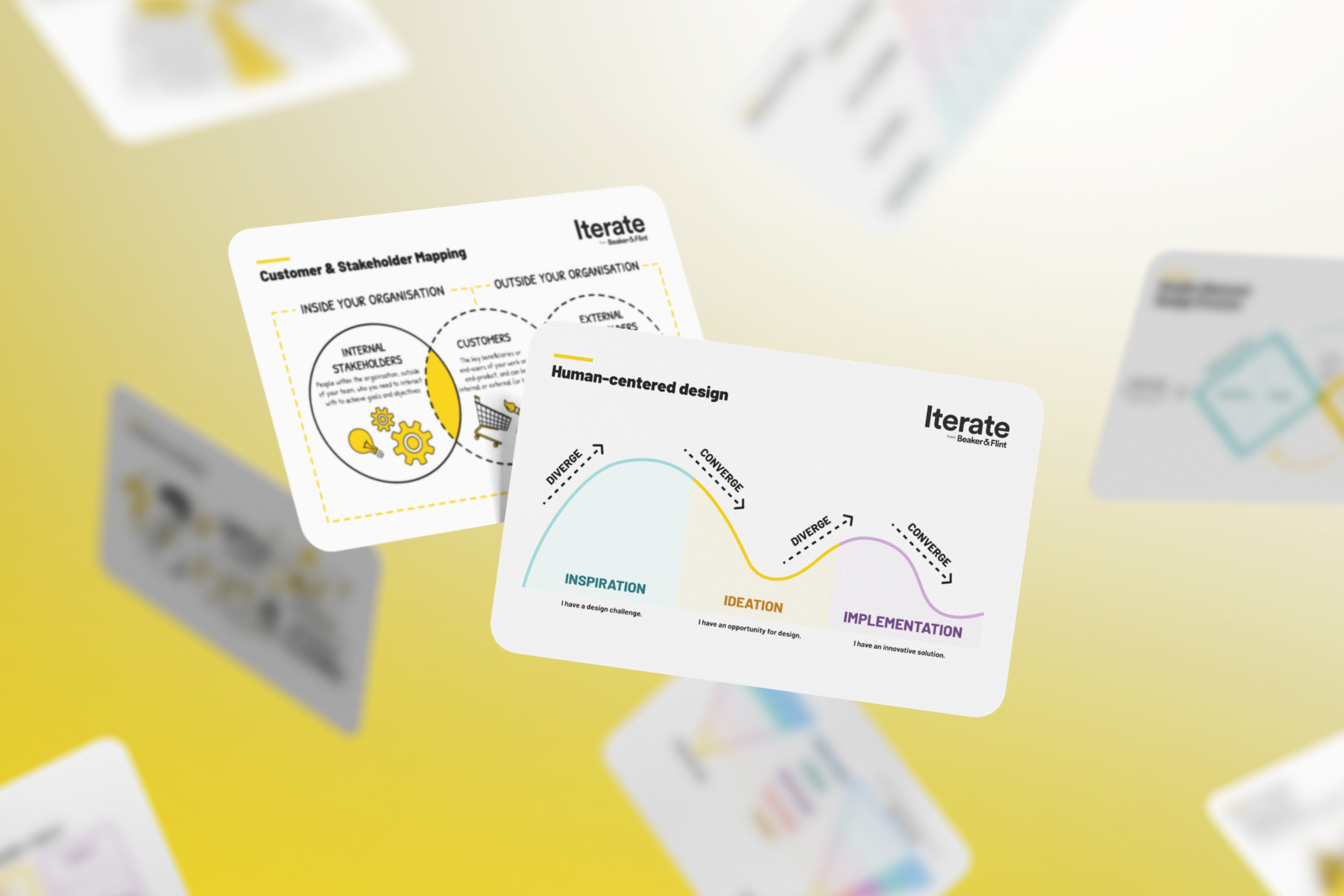 Custom spot illustration set printed on cards against a yellow backdrop