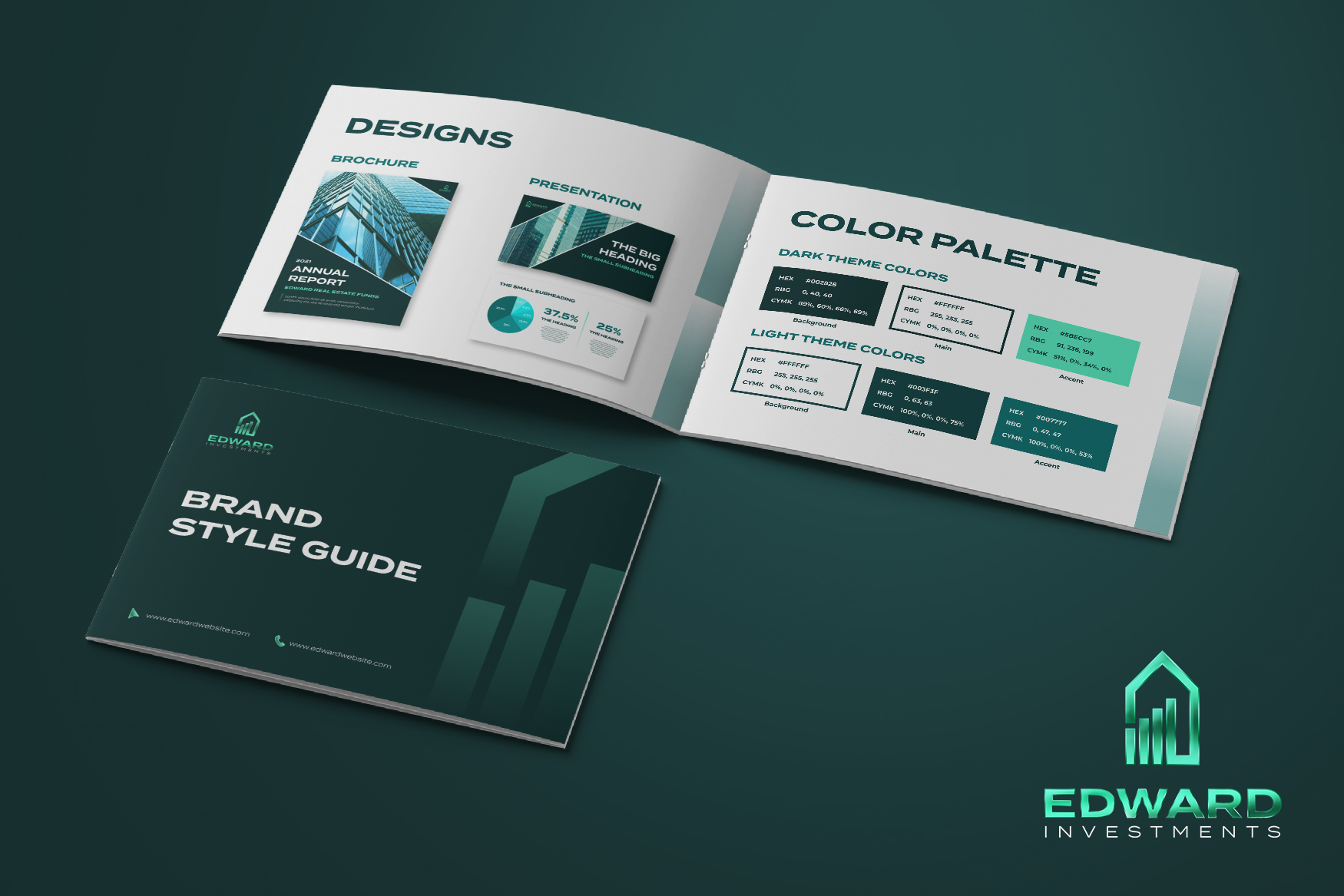Brand style guide booklet for an investment firm in dark green