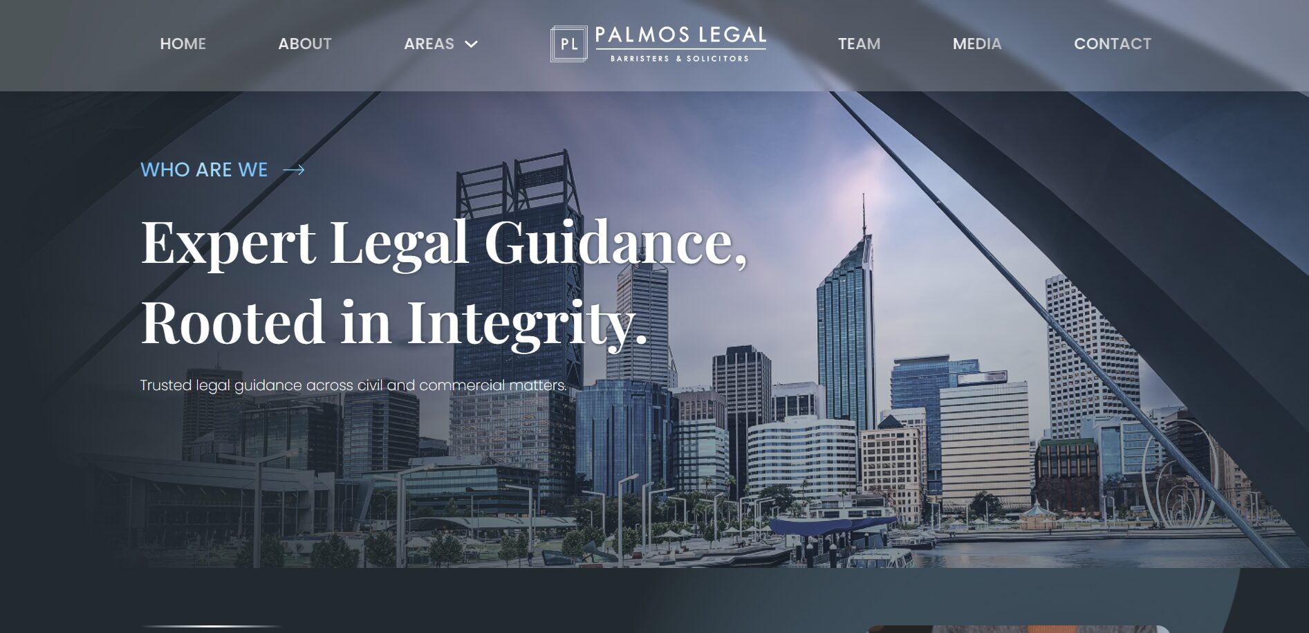Law firm website with a dark city skyline hero and serif headline