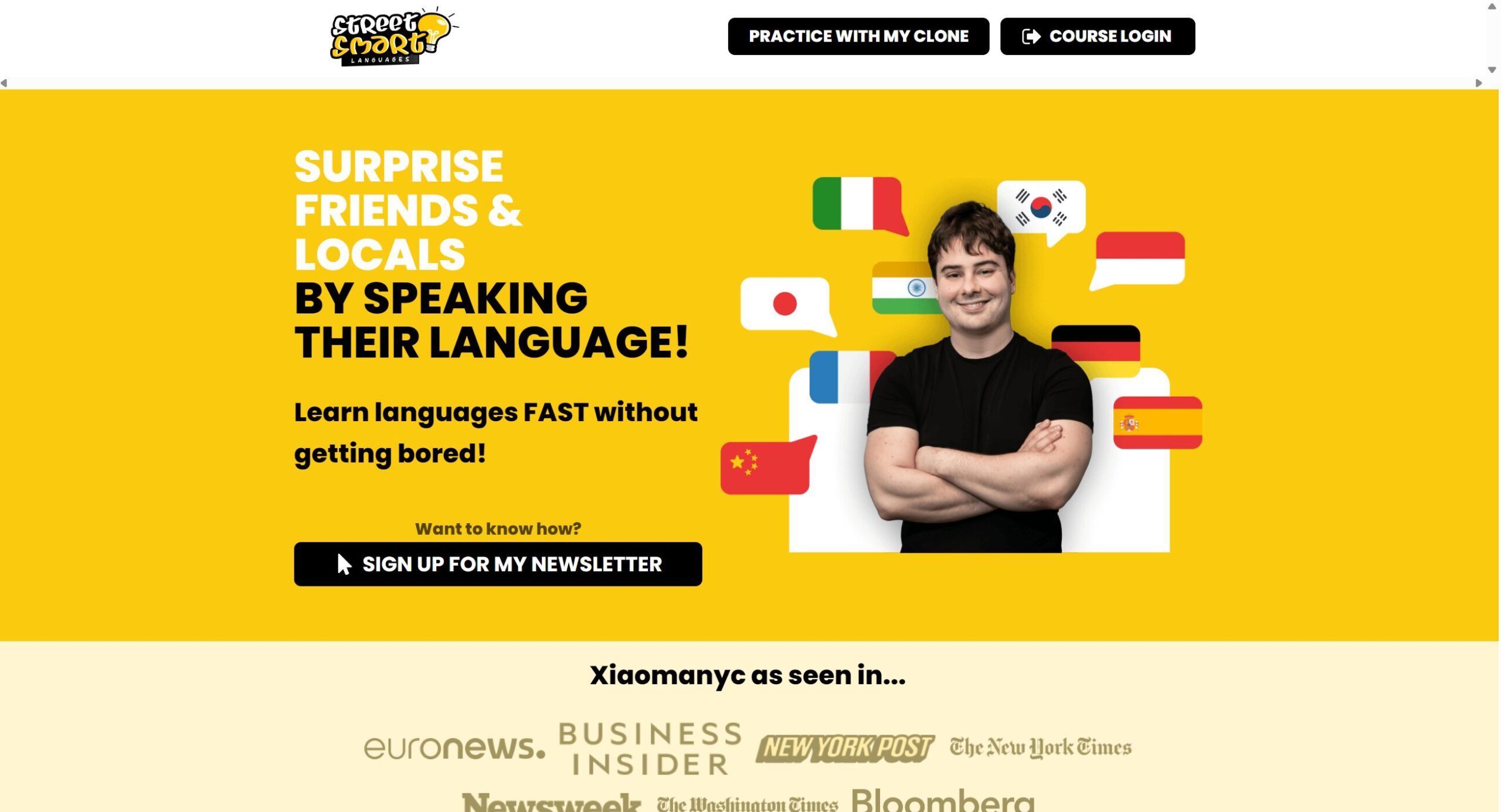 Language course landing page with a bright yellow layout and flag icons
