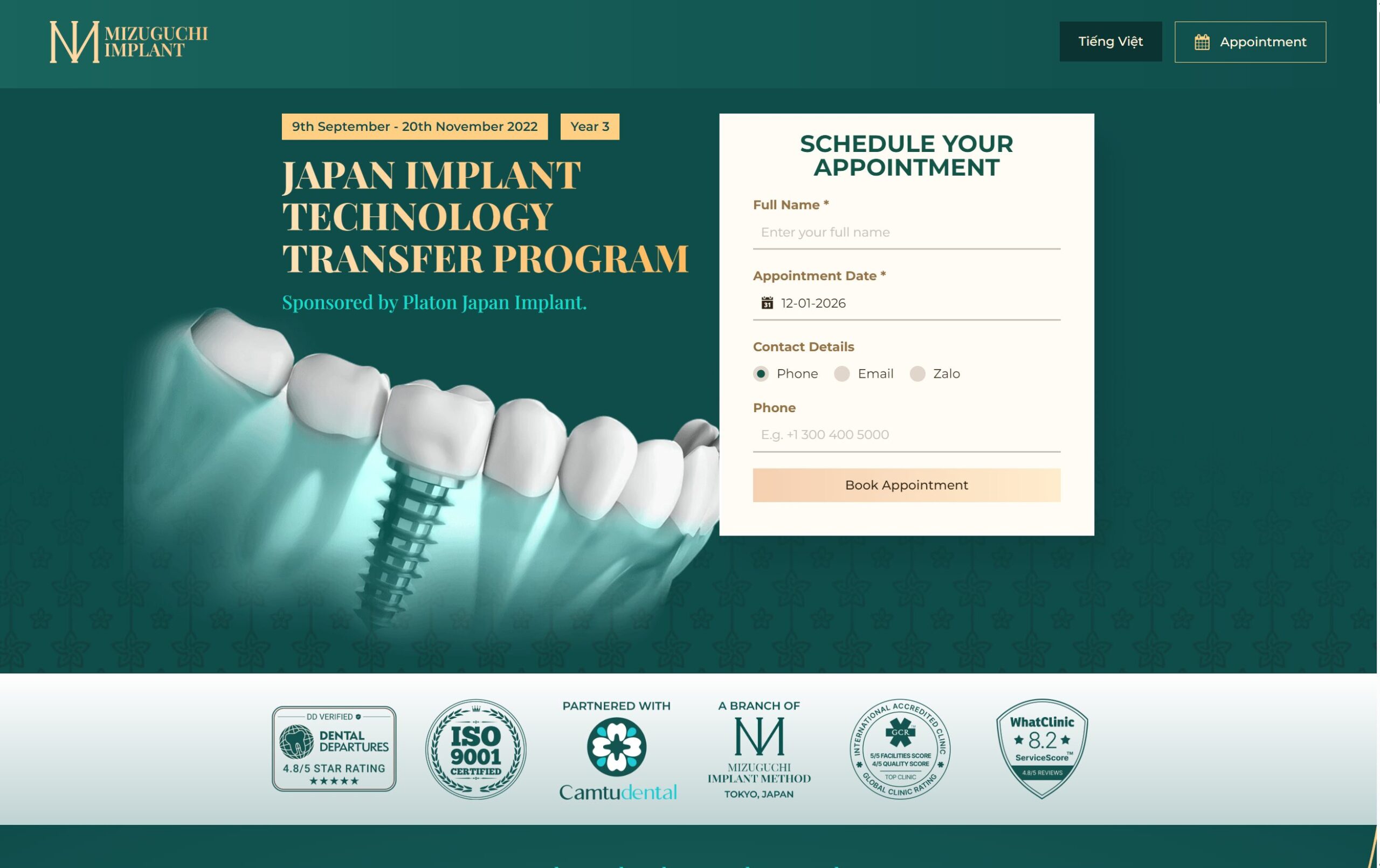 Dental implant training landing page in dark teal and gold with an appointment form