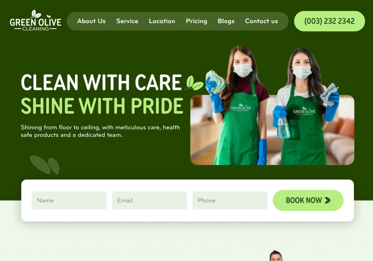 Cleaning service website in deep green with a booking form in the hero