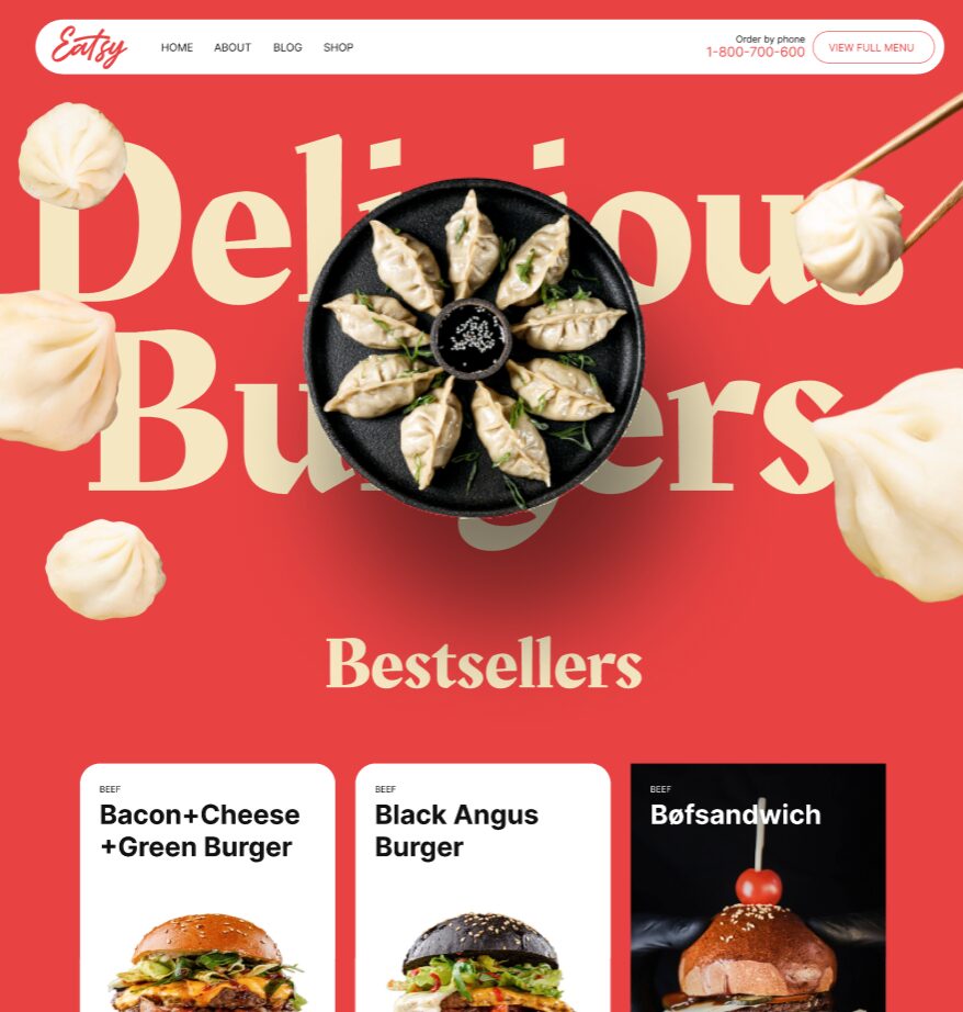 Burger restaurant website with a bold red layout and display lettering