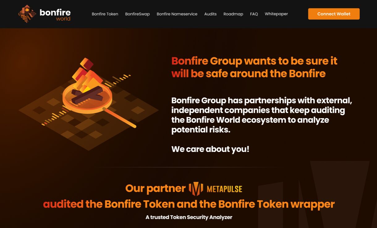 Crypto security website with a dark theme, orange accents and isometric illustration