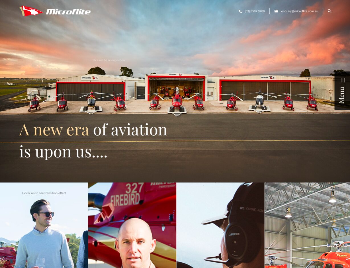 Helicopter aviation website with a sunset hero photo and classic serif headline