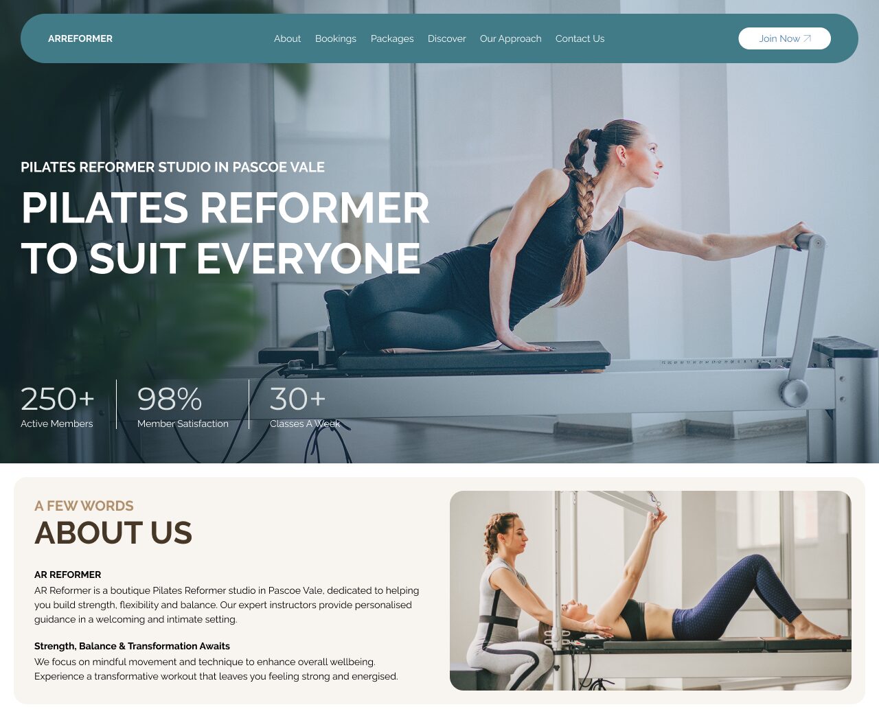 Pilates studio website with a clean minimal layout and lifestyle photography