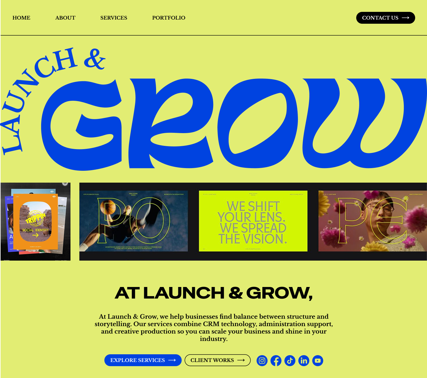 Marketing agency website with oversized blue typography on a lime background
