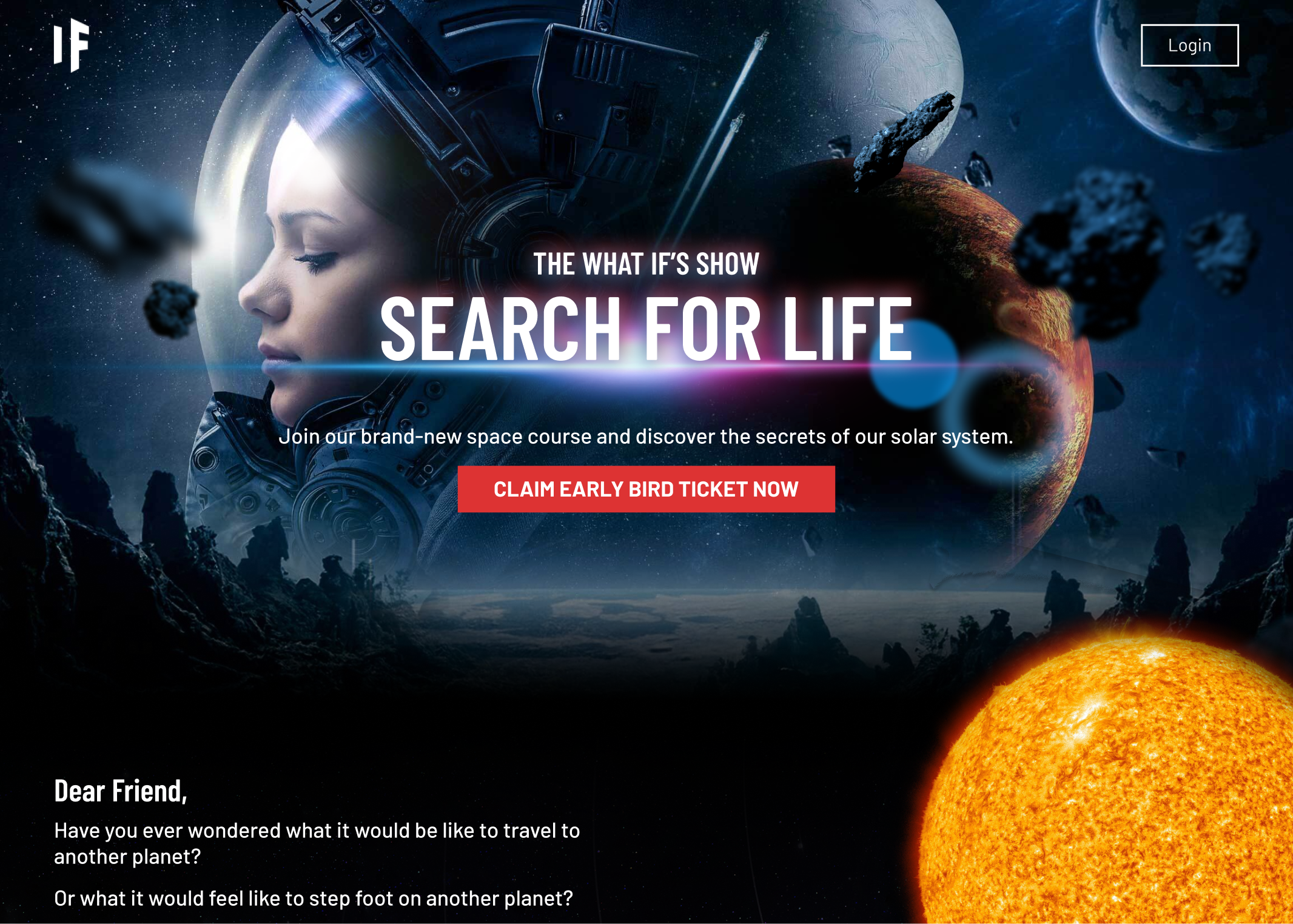 Space education course landing page with cinematic sci-fi artwork