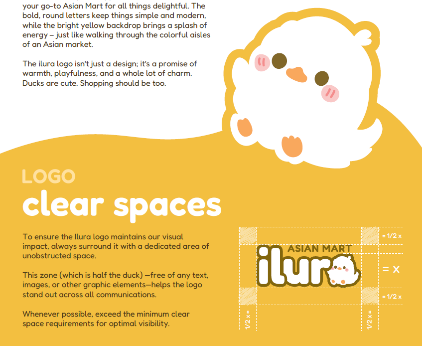 Asian grocery brand logo guidelines with a cute mascot on yellow