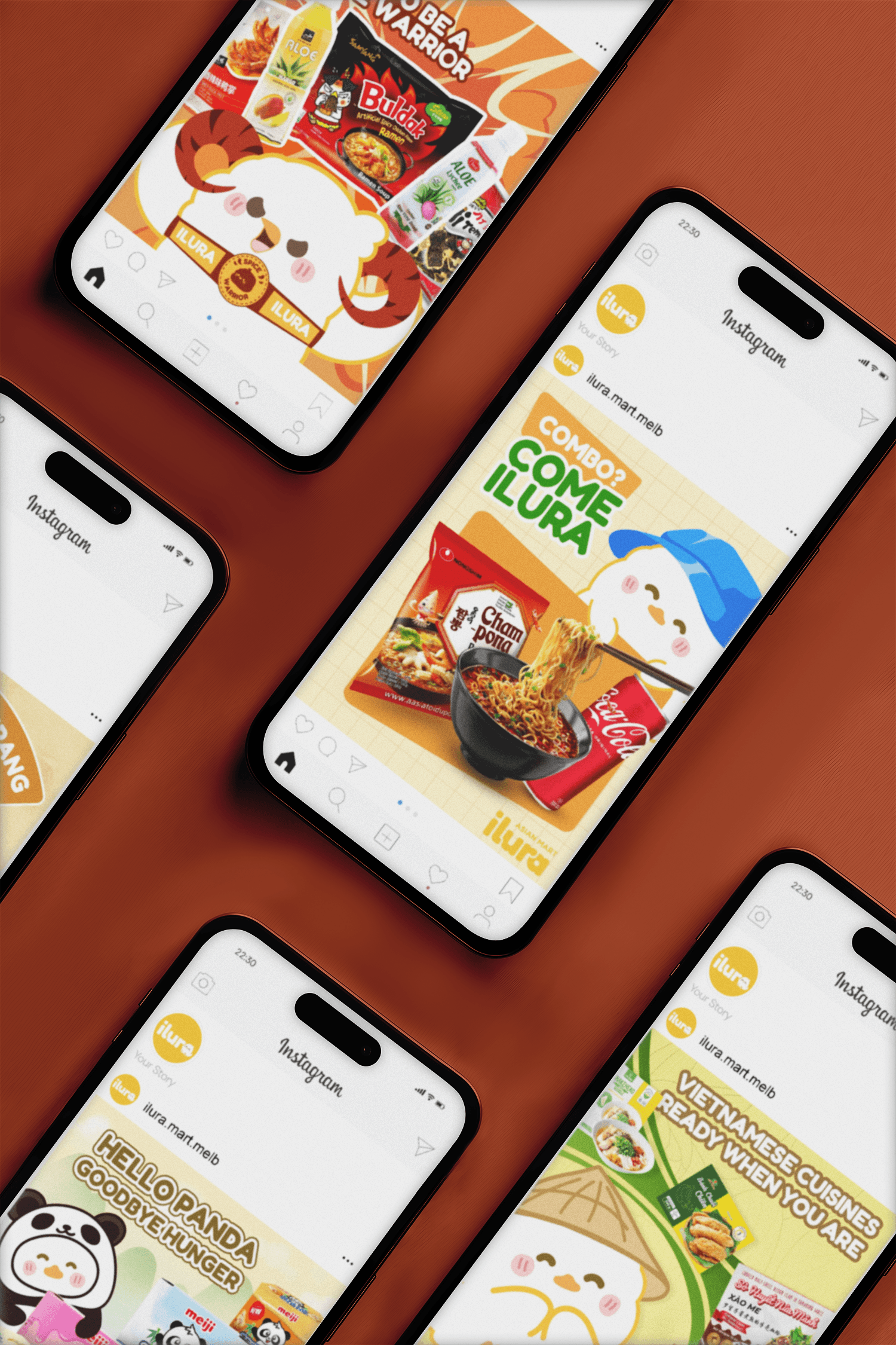 Asian grocery Instagram post designs with playful illustrated food on phone mockups